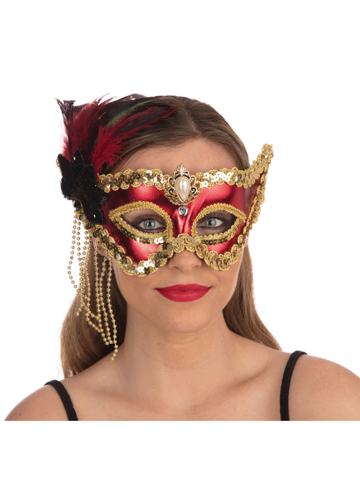 Red Satin Mask + Feathers (H/B) 1