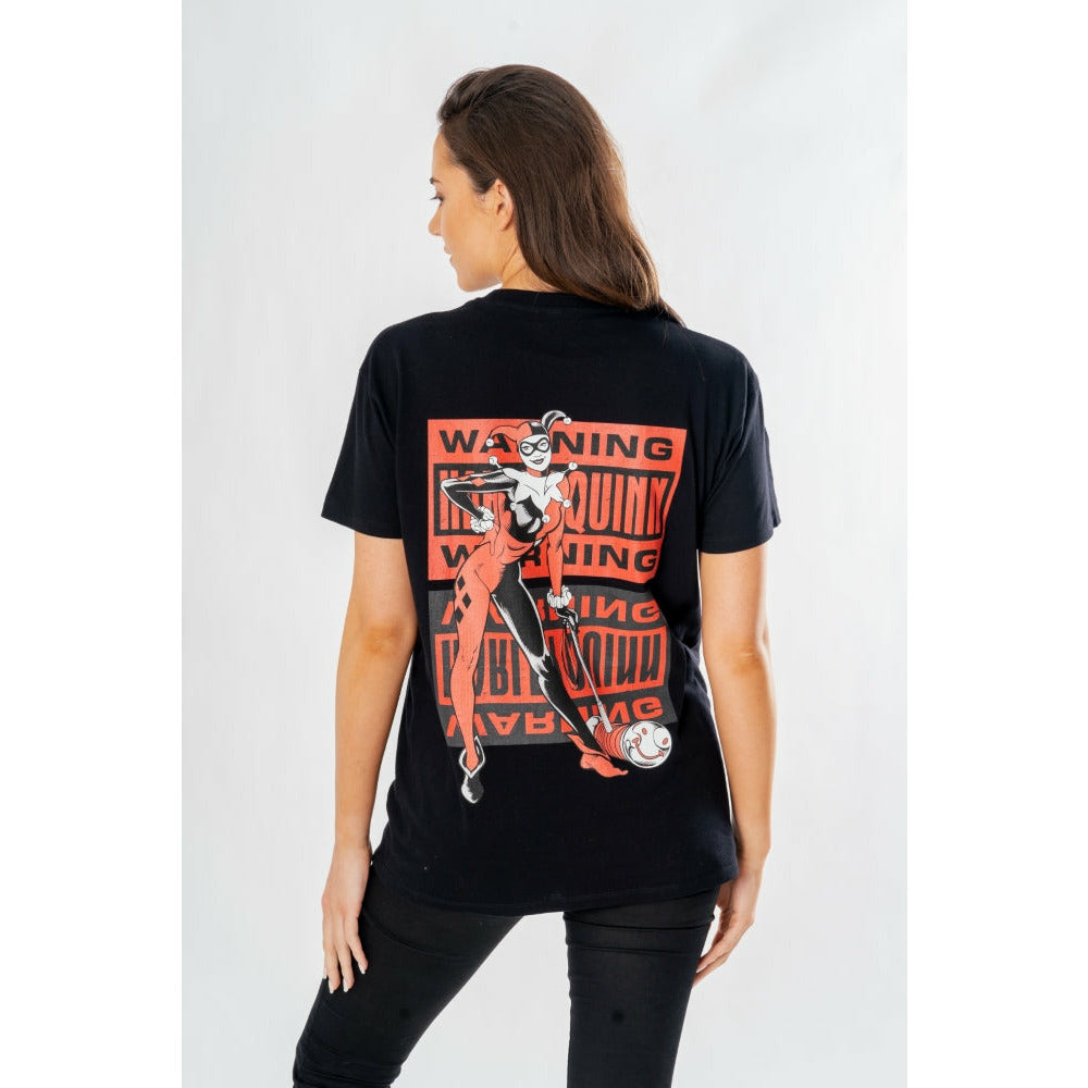 Harley Quinn Adult Black Front and Back Warning T-Shirt