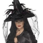 Enchanting Witch Hat with Feather and Net Detail