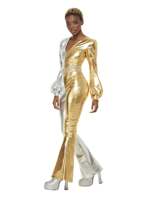 Disco Diva 70s Super Chic Costume with Metallic Jumpsuit and Belt Party Spirit